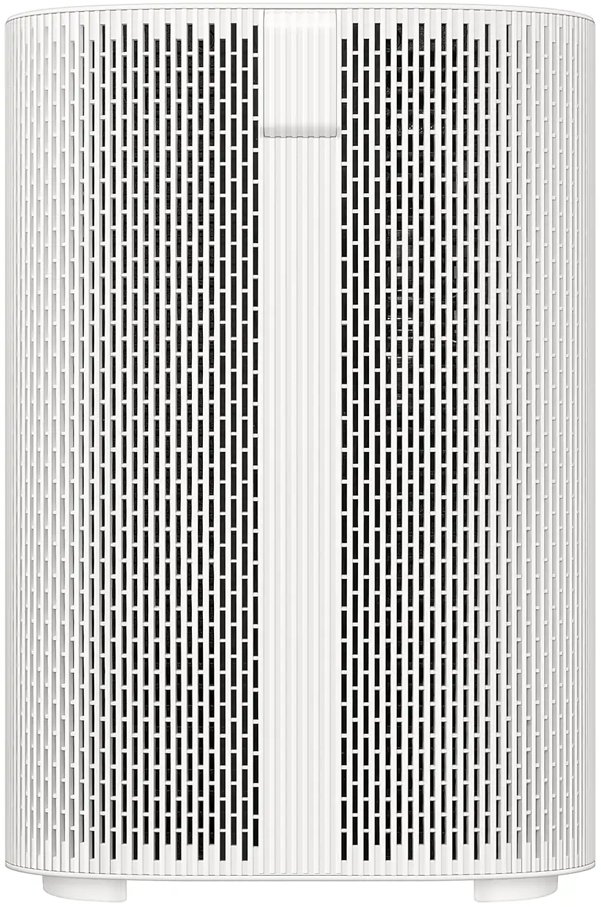 Purificatore d'aria bianco con strisce verticali, una striscia bianca centrale e base.