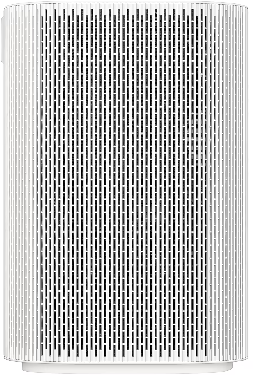 Purificatore d'aria bianco, cilindrico, con strisce nere verticali e cornice bianca.