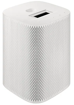 Purificatore d'aria bianco, forma cubica, con strisce verticali e pannello superiore.