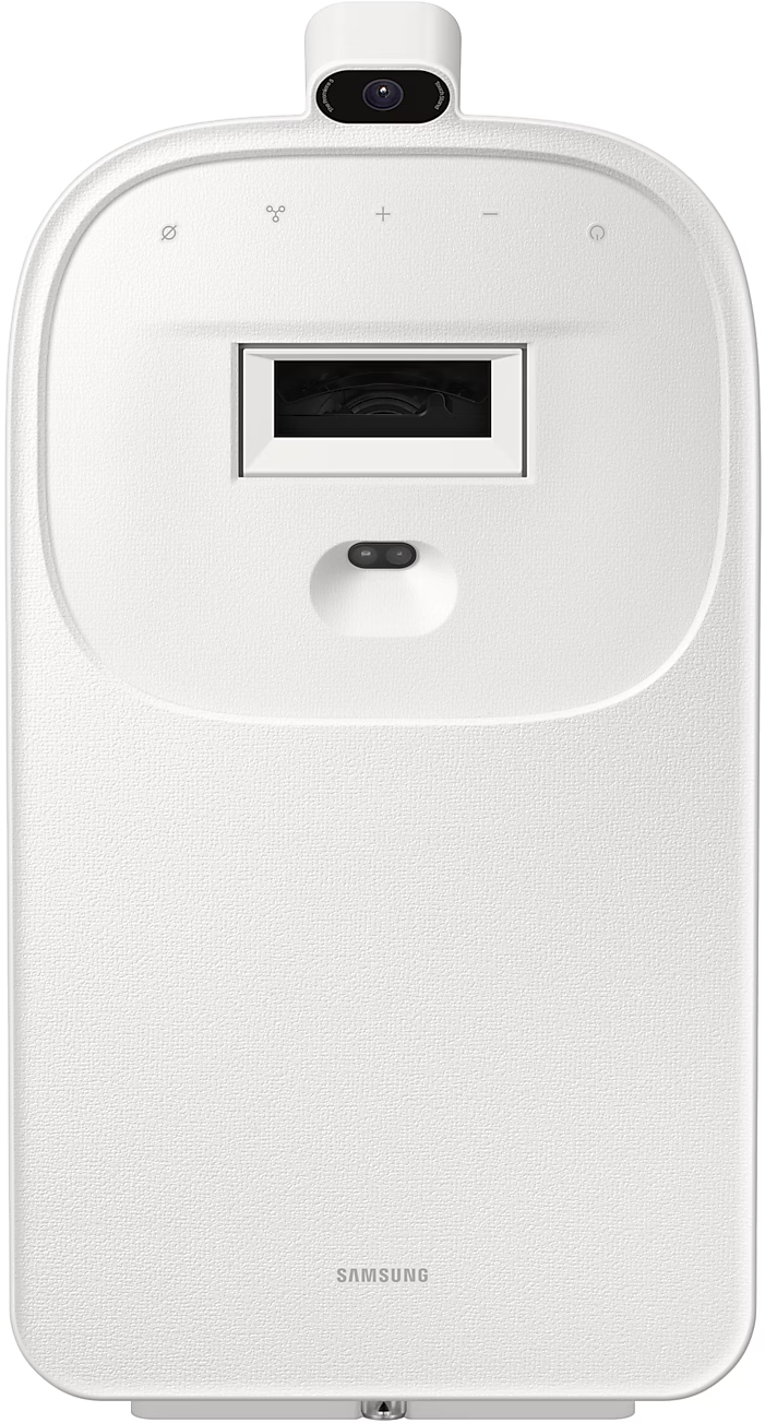 Dispositivo bianco con fotocamera, schermo e pulsanti su superficie strutturata, logo Samsung.