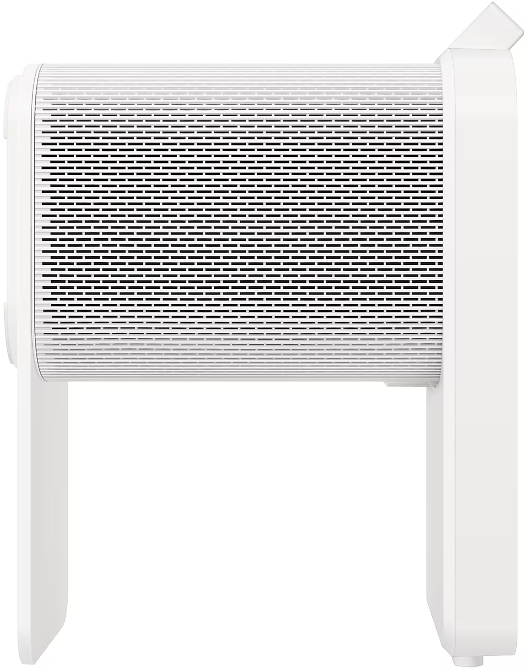 Dispositivo bianco, purificatore d'aria, con design curvo, strisce verticali e supporto.
