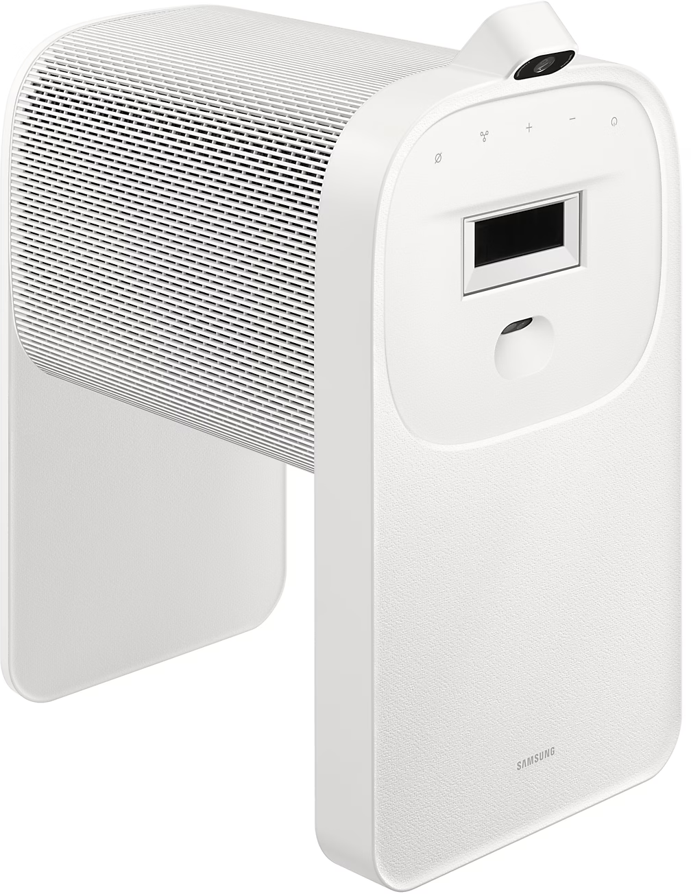 Dispositivo bianco, design curvo, fotocamera, schermo, strisce verticali, supporto, logo Samsung.