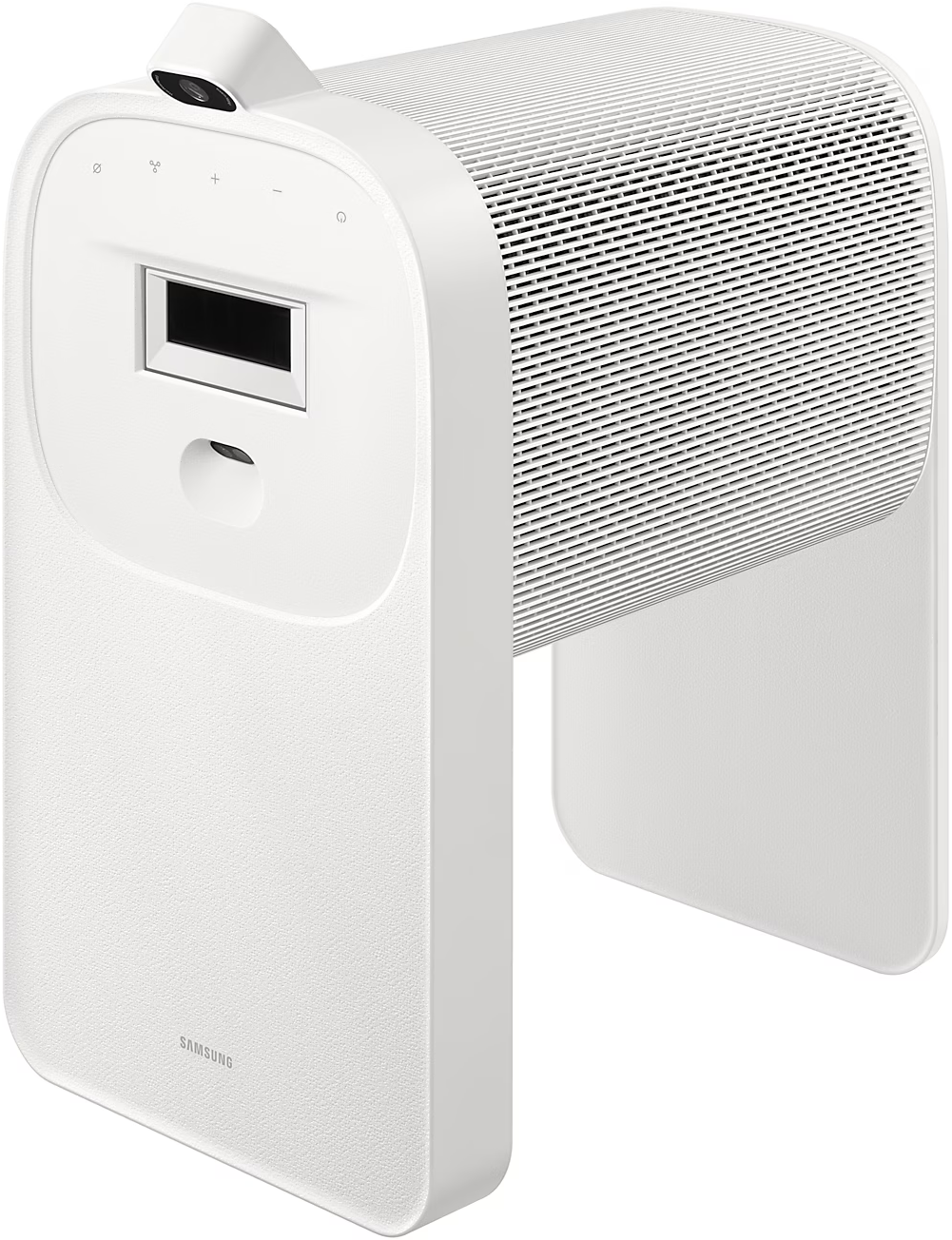 Dispositivo bianco: design curvo, fotocamera, schermo, strisce verticali, logo Samsung.