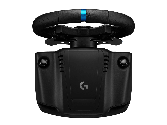 Fekete Logitech versenykormány. Kék csík felül, fekete kormánykerék és fekete alap a G logóval.