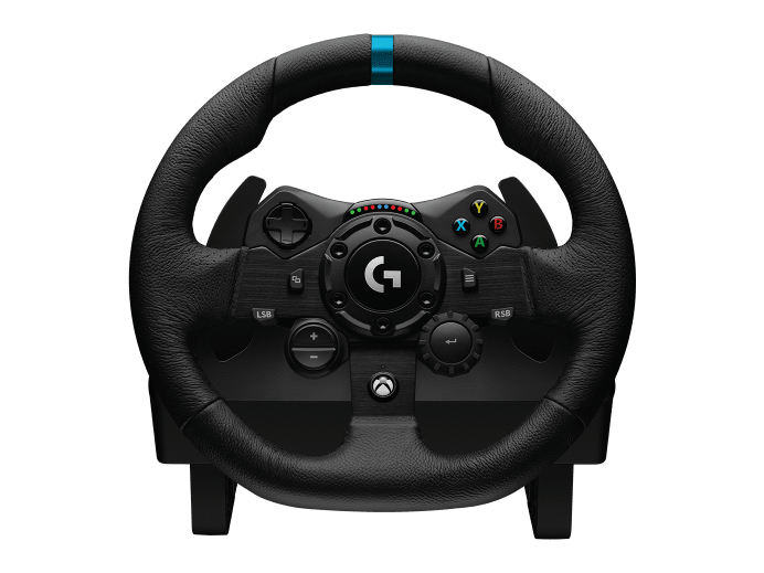 Fekete Logitech versenykormány. Gombokkal, D-paddel és a G logóval. Xbox logó látható.