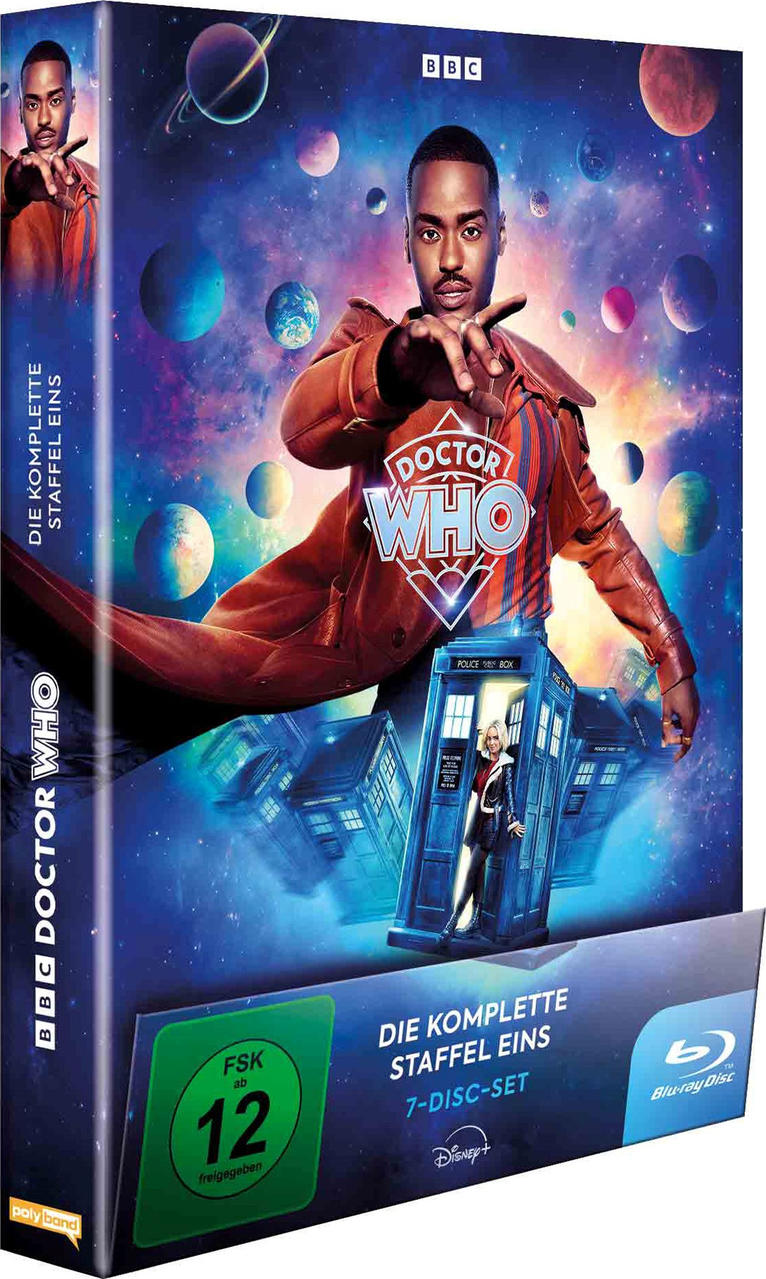 DVD-Box-Set von Doctor Who. Die Hauptfigur zeigt mit einem Hintergrund aus Weltraum und Planeten.