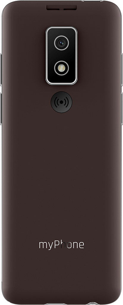Barna myPhone mobiltelefon hátlapja. Van rajta kamera és logó. A hátlap sima barna.