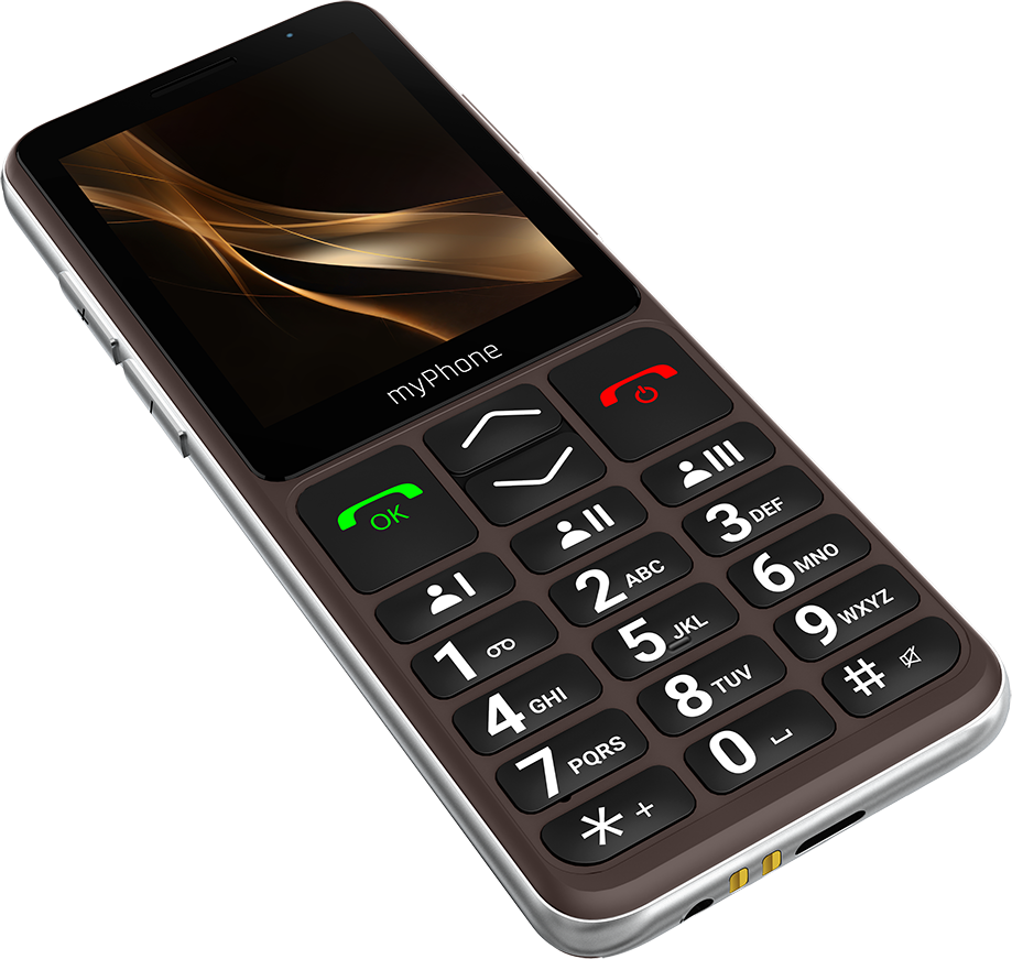 A telefon barna, fekete képernyővel, mintával és myPhone logóval rendelkezik. Nagy gombokkal van ellátva.