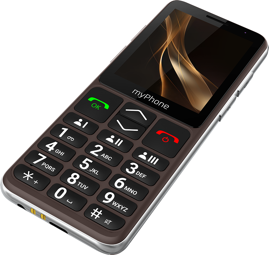 A telefon barna, fekete képernyővel, mintával és myPhone logóval rendelkezik. Nagy gombokkal van ellátva.