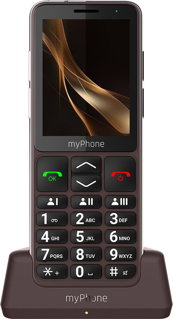 A telefon barna és egy alapon van. Van egy képernyője a myPhone logóval és nagy gombokkal.