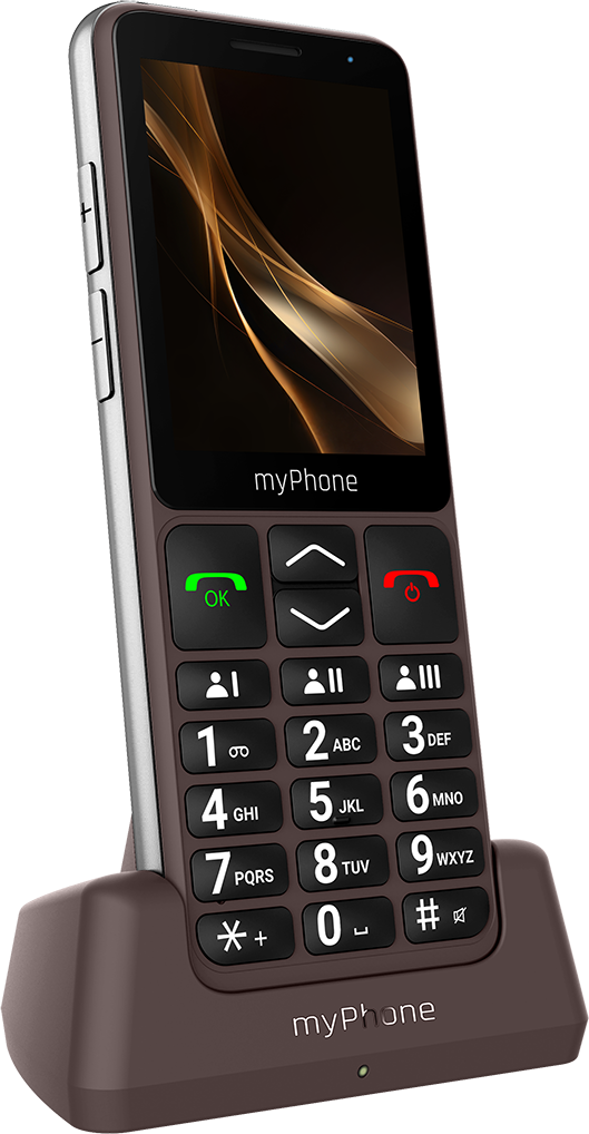 A telefon barna és egy alapon van. Van egy képernyője a myPhone logóval és nagy gombokkal.