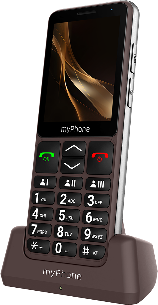 A telefon barna és egy alapon van. Van egy képernyője a myPhone logóval és nagy gombokkal.