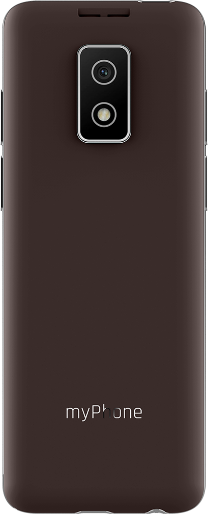 Barna myPhone mobiltelefon hátlapja. Van rajta kamera és logó. A hátlap sima barna.
