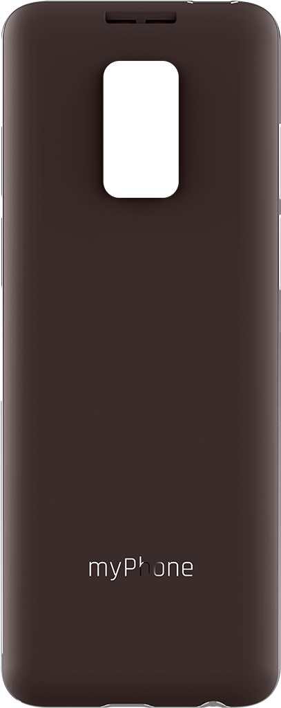 Barna myPhone mobiltelefon hátlapja. Van rajta kamera és logó. A hátlap sima barna.