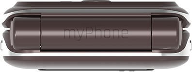 Barna kagylótelefon felülről, a hátoldalon 'myPhone' logóval.