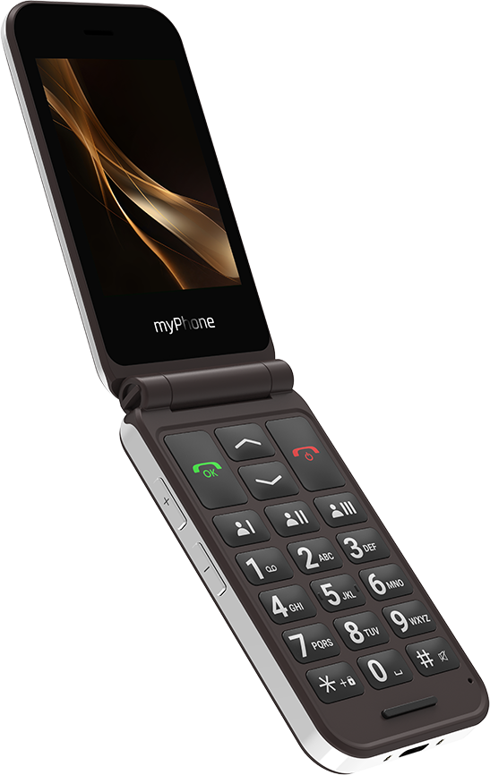 Barna kagylótelefon barna bölcsőben, nyitva, gombokkal, képernyővel és logóval.