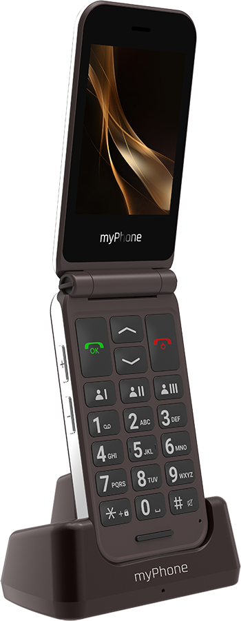 Barna kagylótelefon bölcsőben, nyitva, gombokkal, képernyővel és logóval.