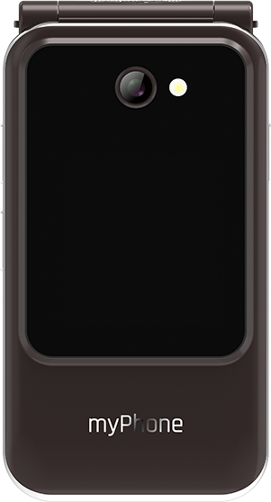 Barna összecsukható telefon, zárt. Kamerája és villanója van, myPhone logó. A képernyő fekete.