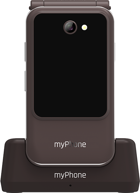 Barna összecsukható telefon állványban. Kamera, vaku, myPhone logó. A képernyő fekete, állványon.