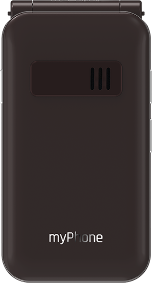 Barna összecsukható telefon hátulja. Van myPhone logó. Hangszóró felül. A telefon csukott.