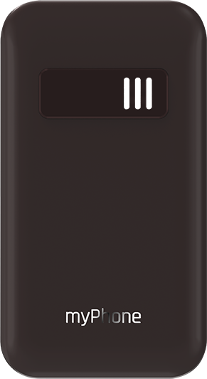 Barna összecsukható telefon hátulja. Van myPhone logó. Hangszóró felül. A telefon csukott.
