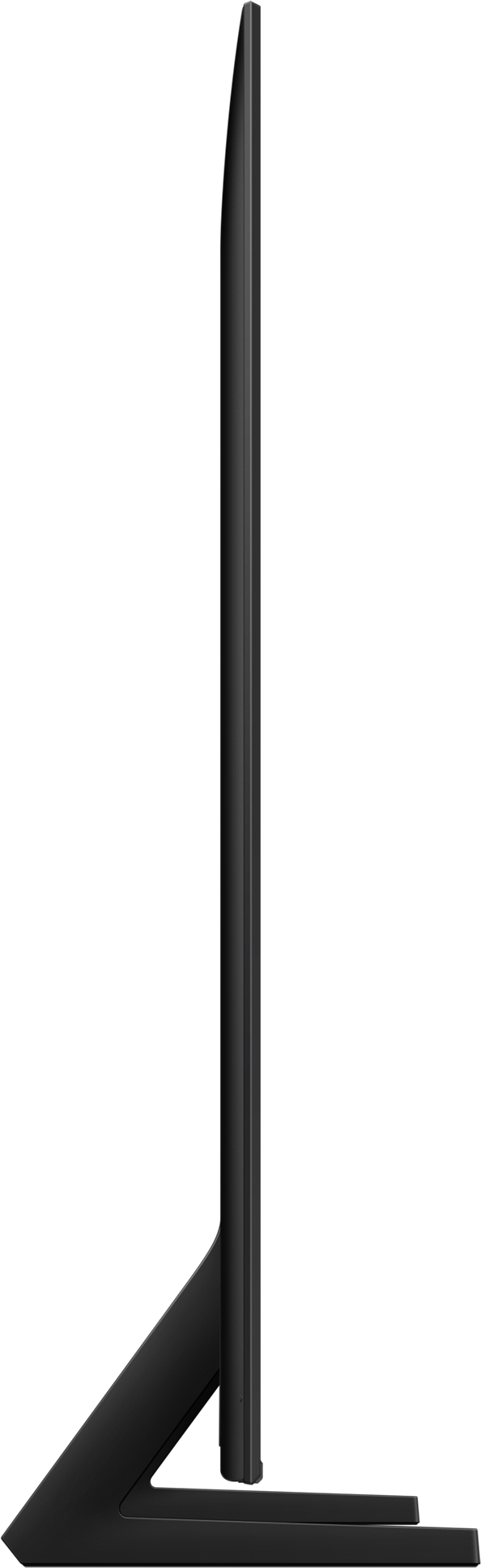 Una vista laterale di un'elegante TV nera su sfondo nero.