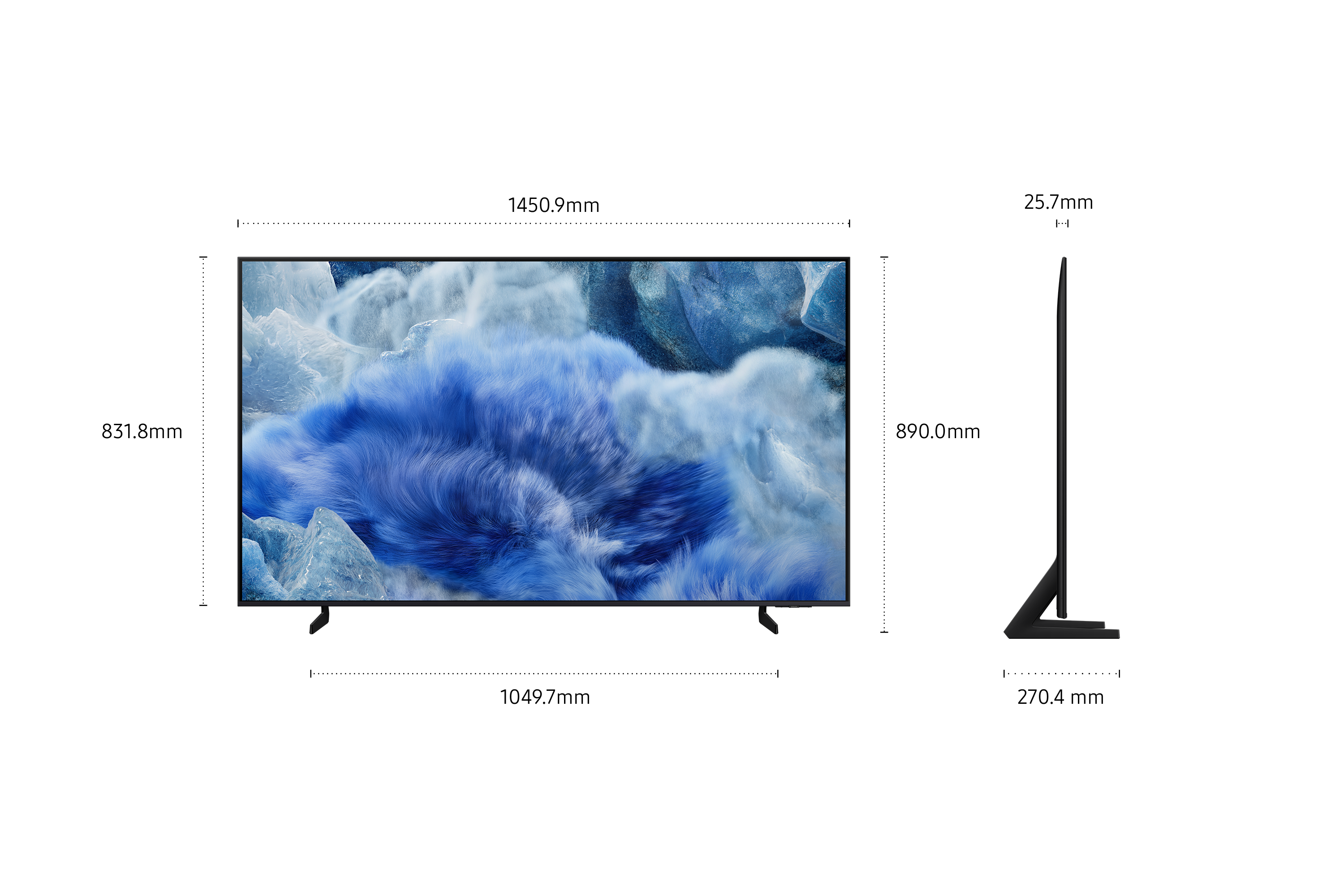 Un TV che mostra un'immagine astratta blu, con una vista laterale su sfondo nero.