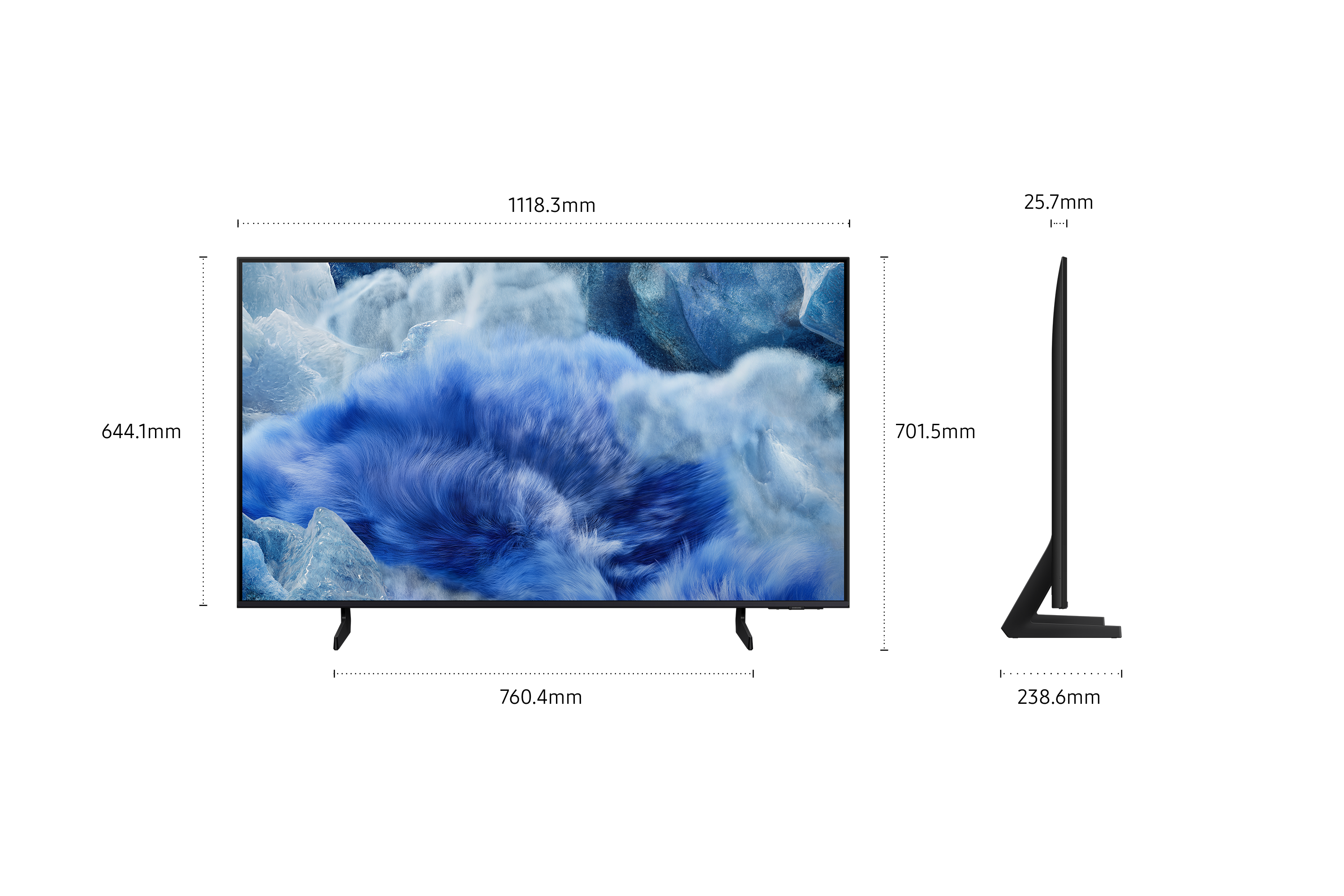 TV con arte astratto blu, vista laterale, su nero. QLED. Swiss Streaming Edition.