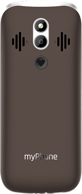 Egy barna myPhone hátulja, kamerákat, hangszórót és szívszimbólumot mutatva.