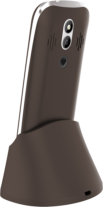 Barna telefon barna bölcsőben, a hátlapot mutatja kamerákkal és hangszórókkal.