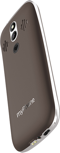 Barna myPhone hátulnézete dupla kamerával és hangszórókkal. Ezüst keret. A telefonon 'myPhone' logó látható.