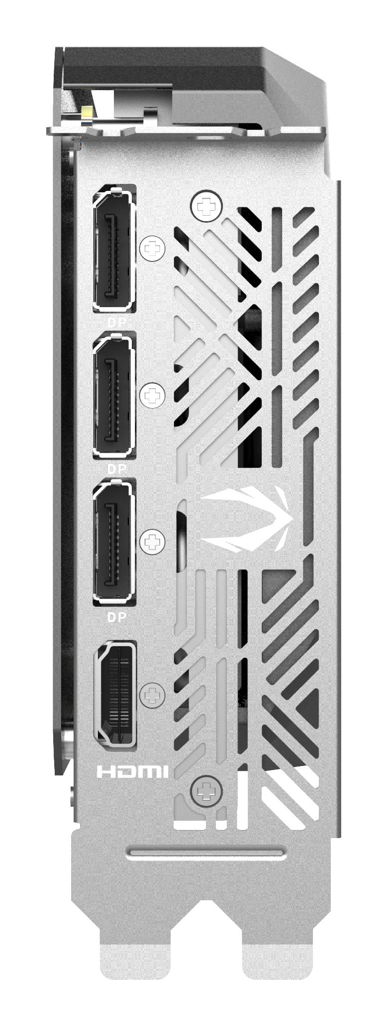 Seitenansicht einer silbernen Zotac Gaming Grafikkarte mit Anschlüssen, darunter HDMI und DisplayPort.