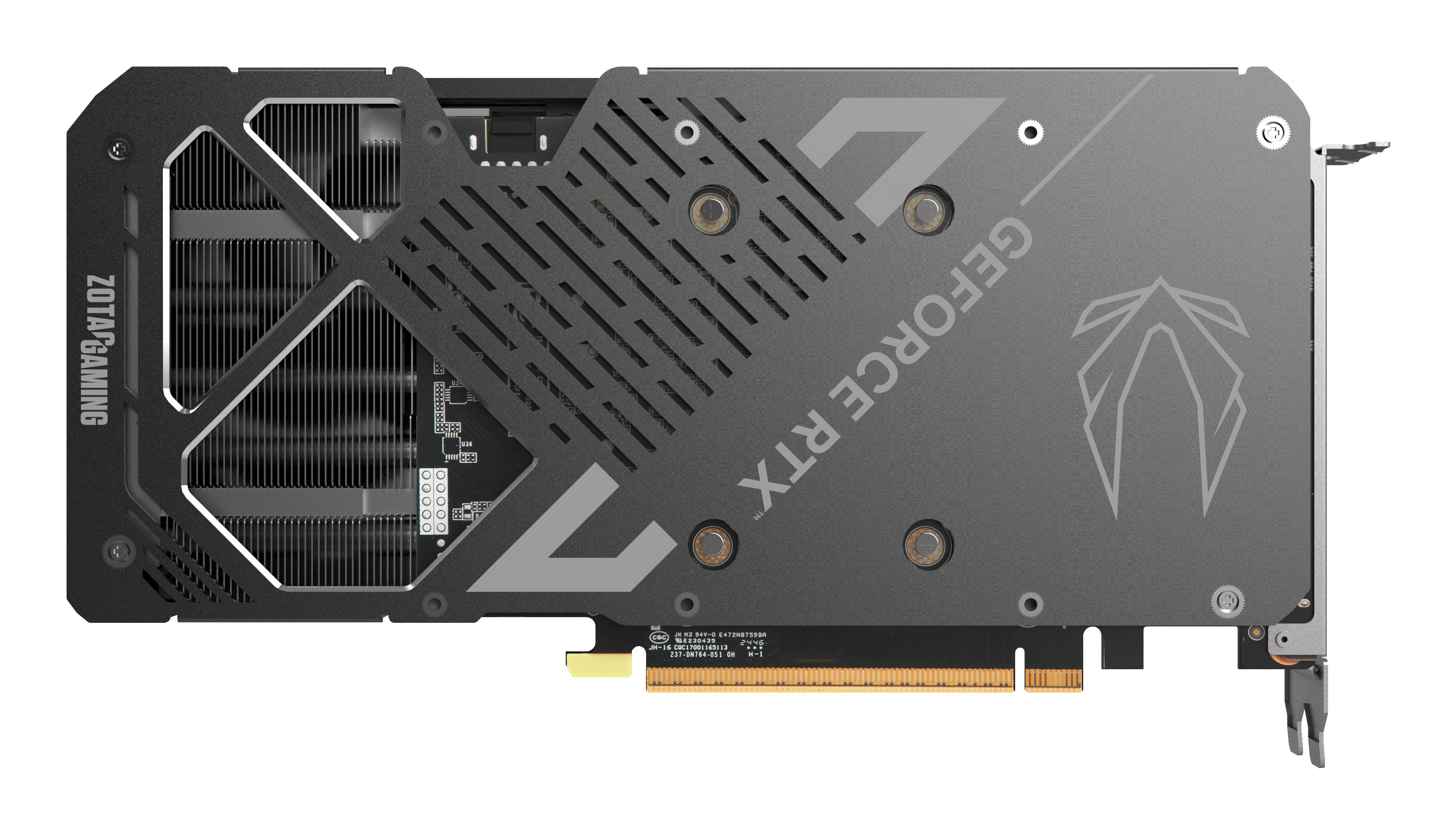 Rückansicht einer schwarzen Zotac Gaming GeForce RTX Grafikkarte, die das Kühlsystem und Logos zeigt.