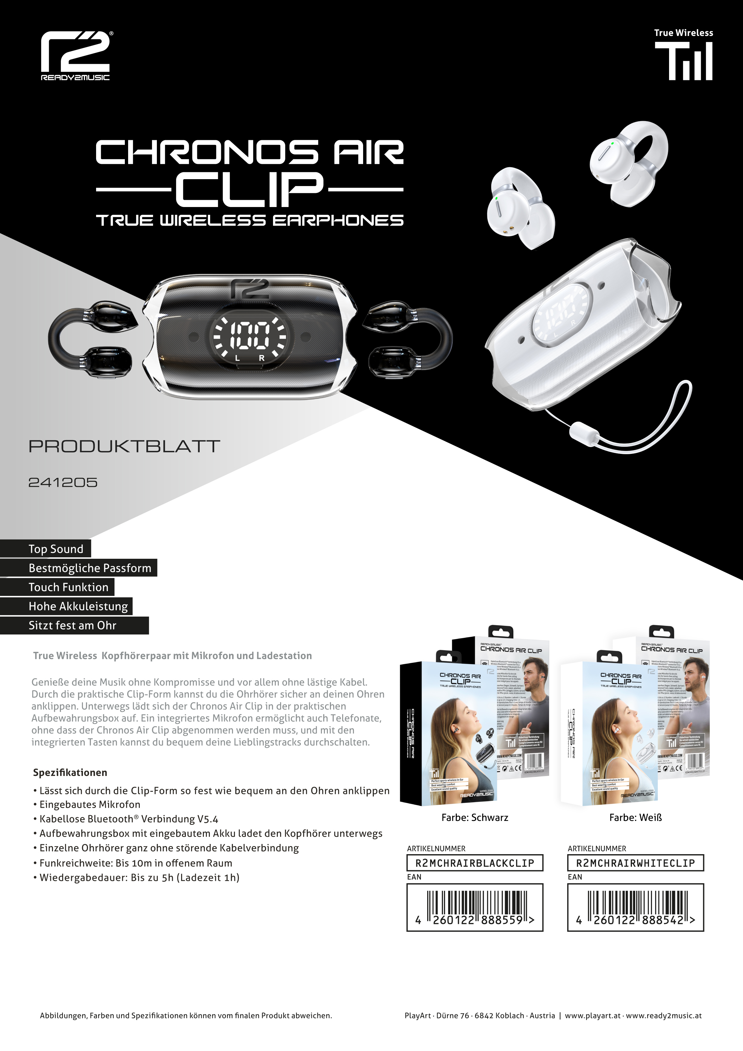 Produktblatt für Chronos Air Clip, True Wireless Earphones, mit Text und Bildern des Produkts.