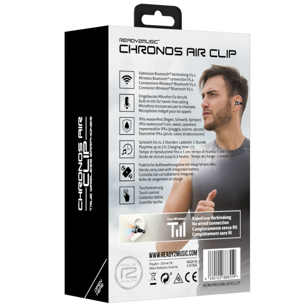 Rückseite einer Chronos Air Clip Earphones Box, die einen Mann mit Kopfhörern und Produktmerkmale zeigt.