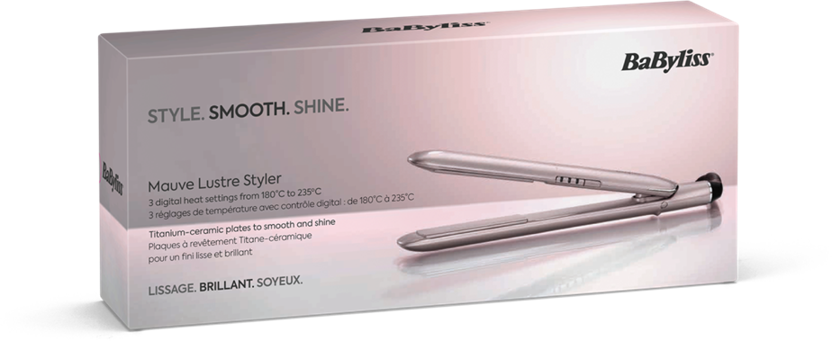 Egy Babyliss hajvasaló doboz. Azt írja: 'Style. Smooth. Shine.' és a terméket tartalmazza.
