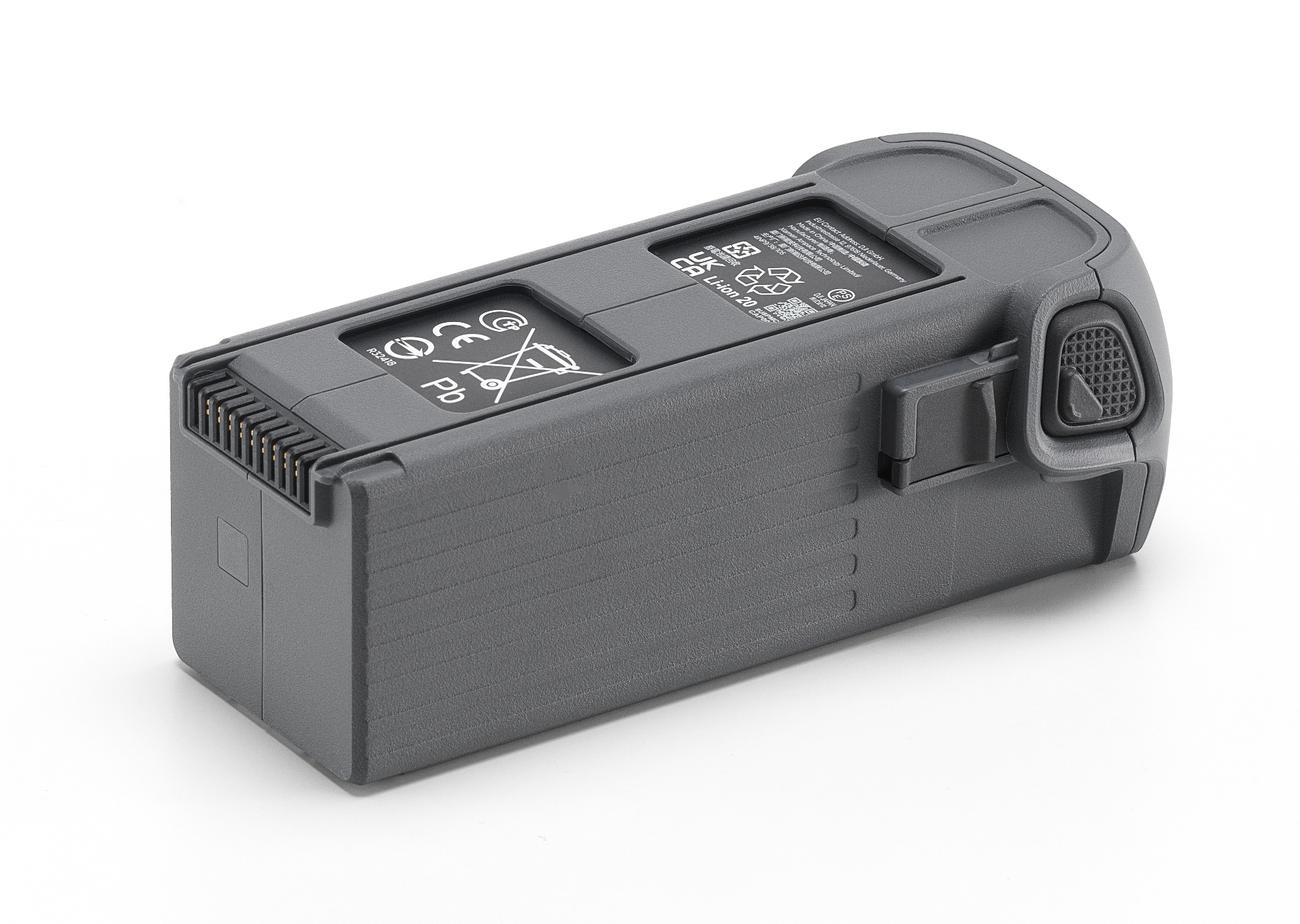 Szara bateria do drona z etykietami i czarnym przyciskiem. Pochyła, na białym tle.