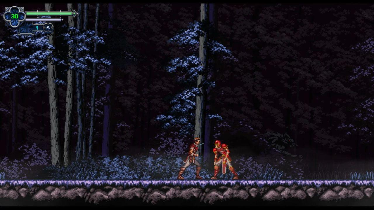 Zwei Charaktere stehen sich in einem Wald gegenüber. Bäume im Hintergrund, dunkle Nacht.