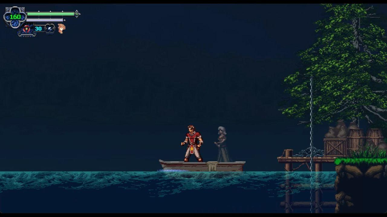 Figur in einem Boot mit einer Figur auf dem Wasser. Anlegestelle und Fässer rechts, dunkle Szenerie.