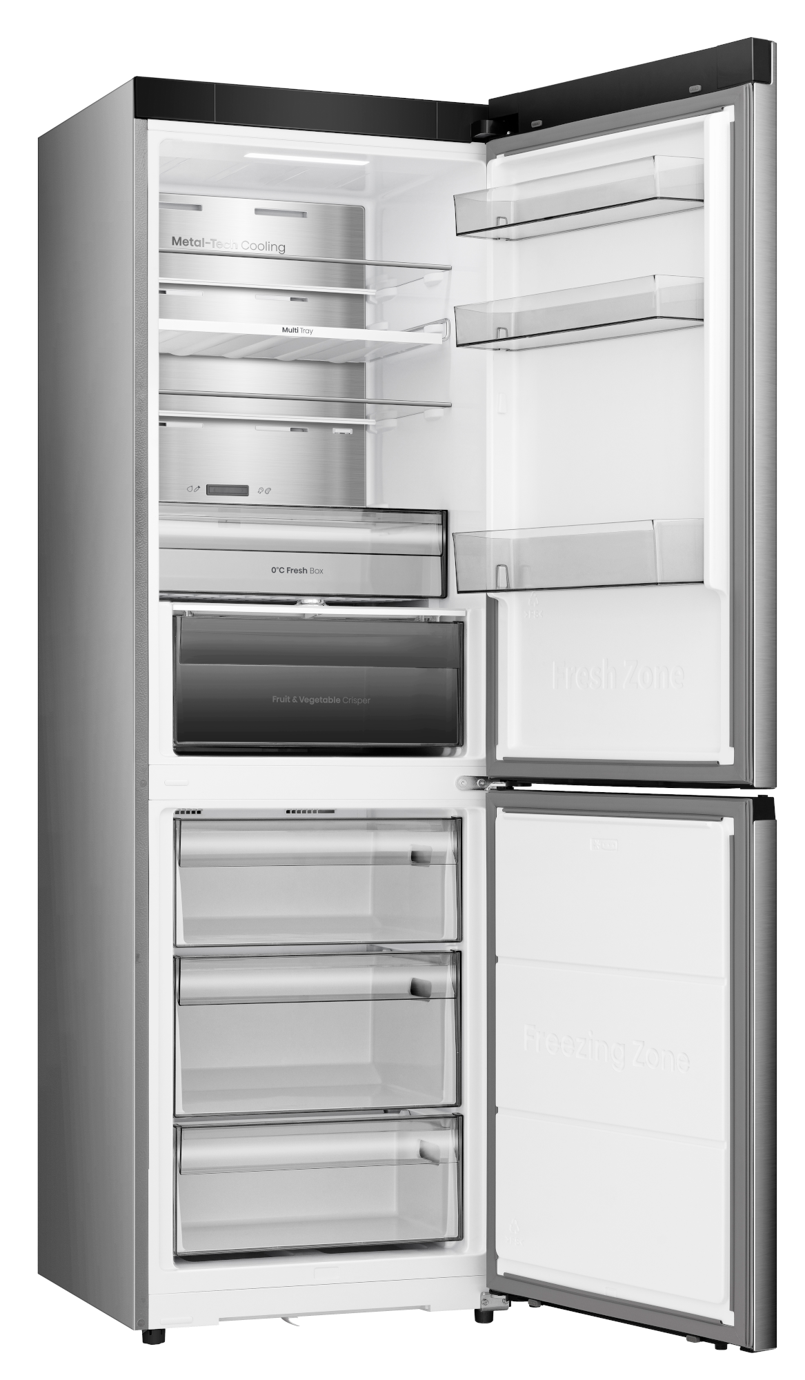 Hűtőszekrény belseje nyitott ajtóval, polcokkal, fiókokkal és rekeszekkel. Fresh Zone látható.