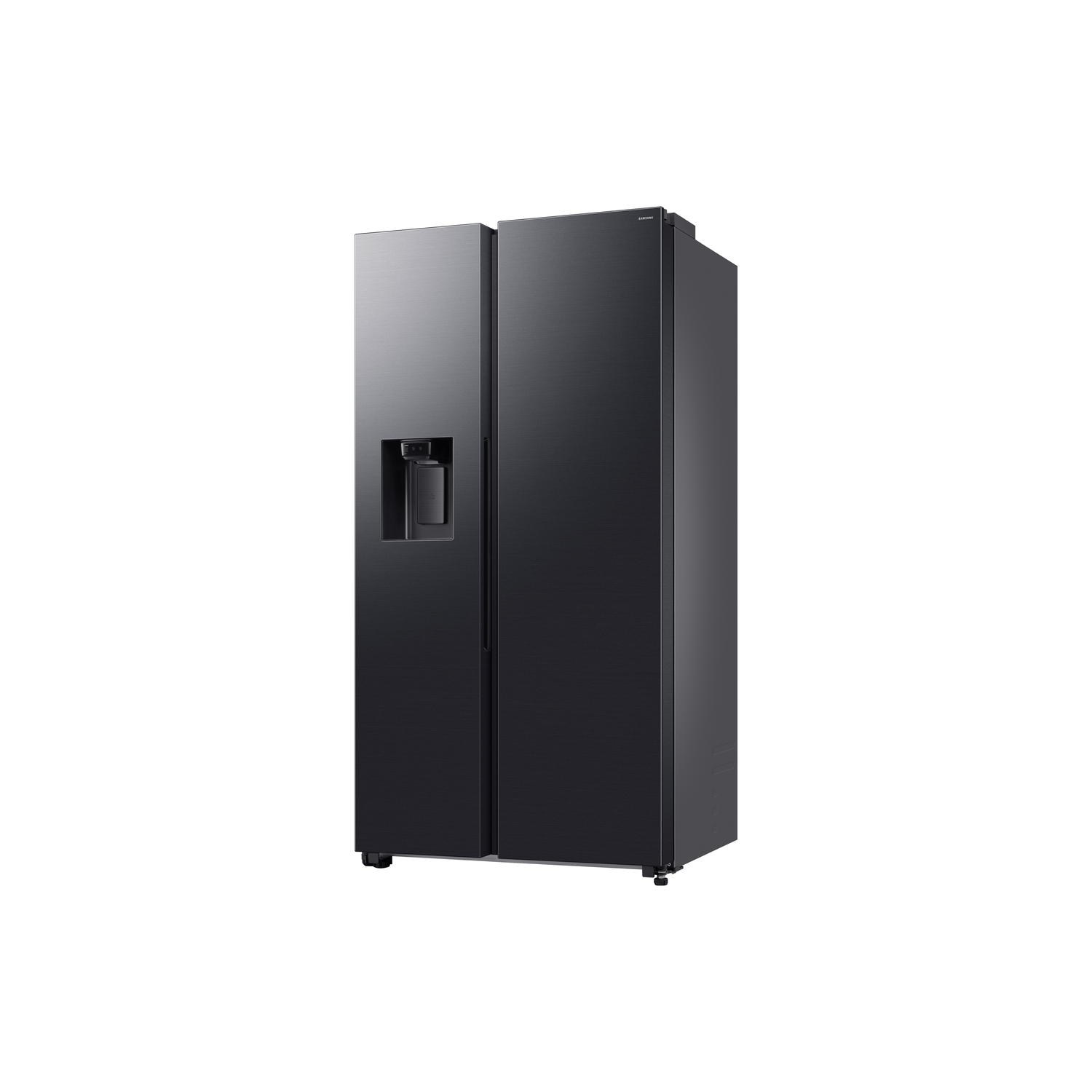 A black Samsung side-by-side refrigerator, angled view, on a white background.