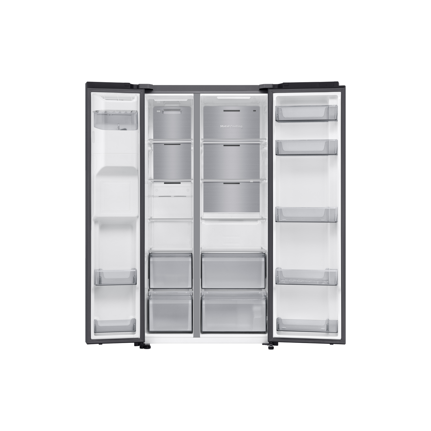 Black refrigerator with open doors, revealing shelves, drawers, and interior details.