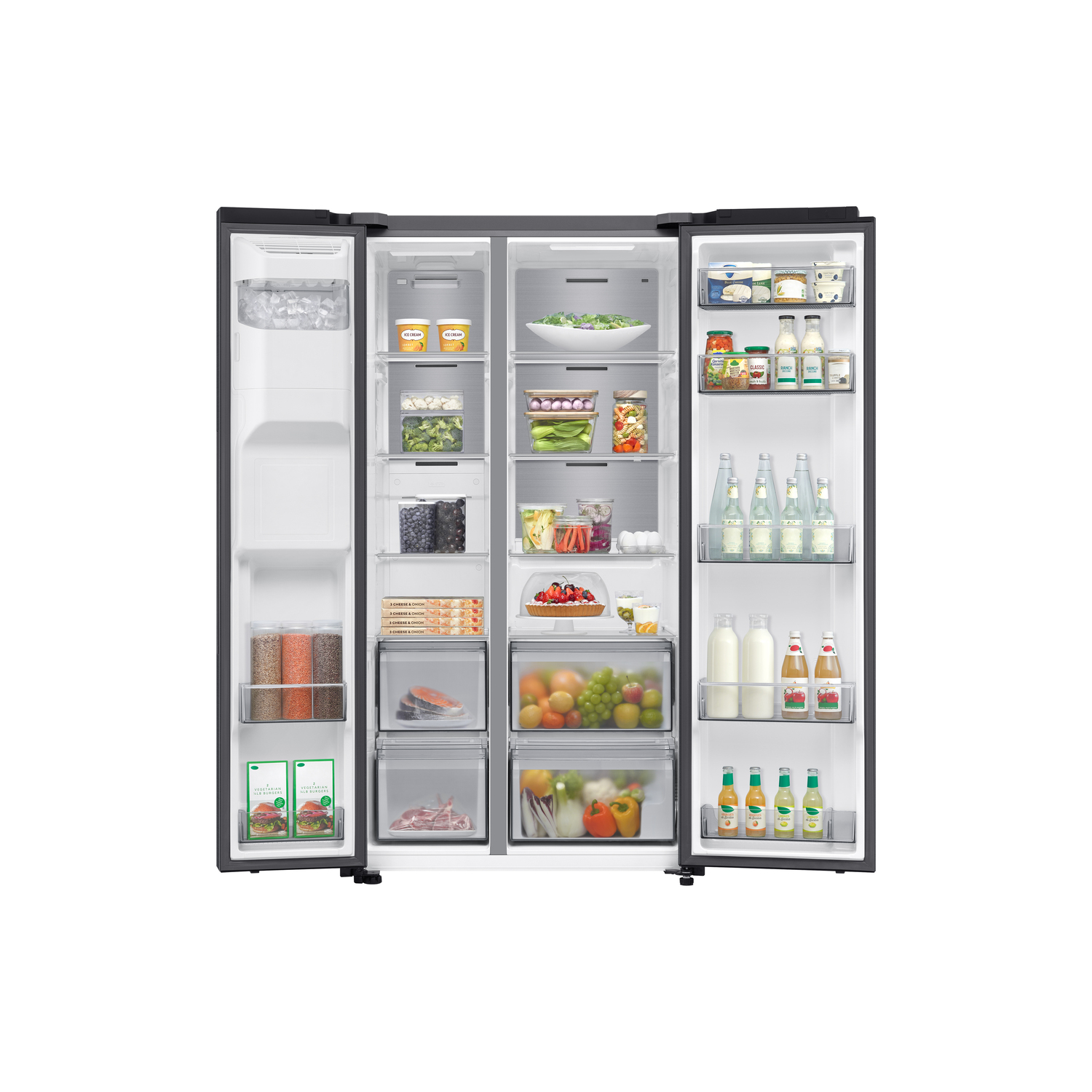 Open black refrigerator filled with food items on shelves and in drawers.