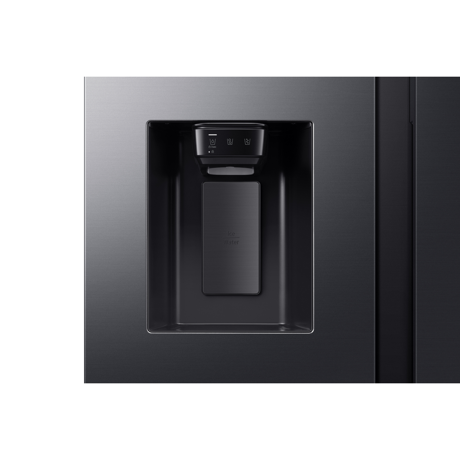 Close-up of the black refrigerator's water and ice dispenser panel.