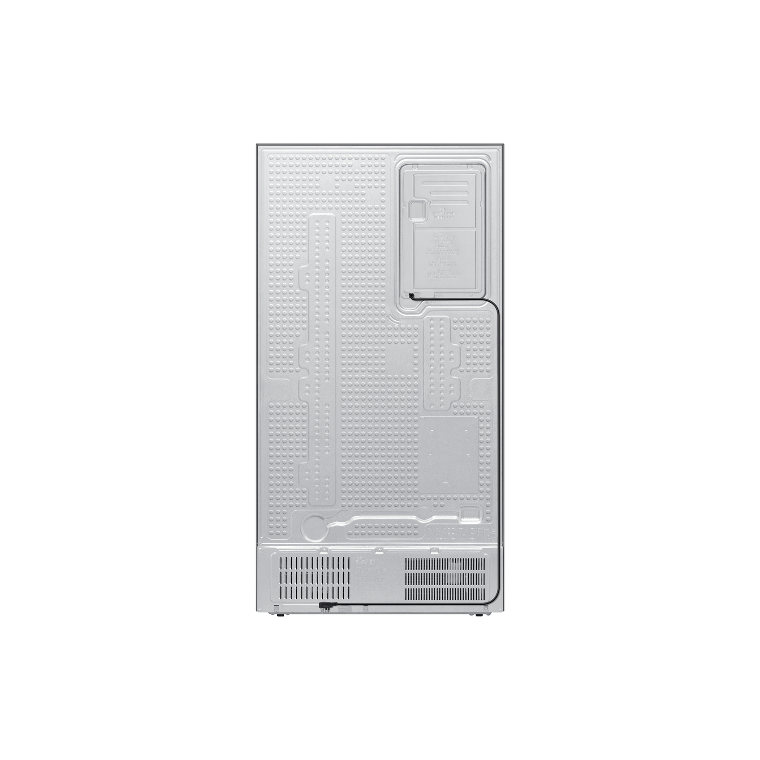 Rear view of a grey refrigerator with a textured back panel and various components.