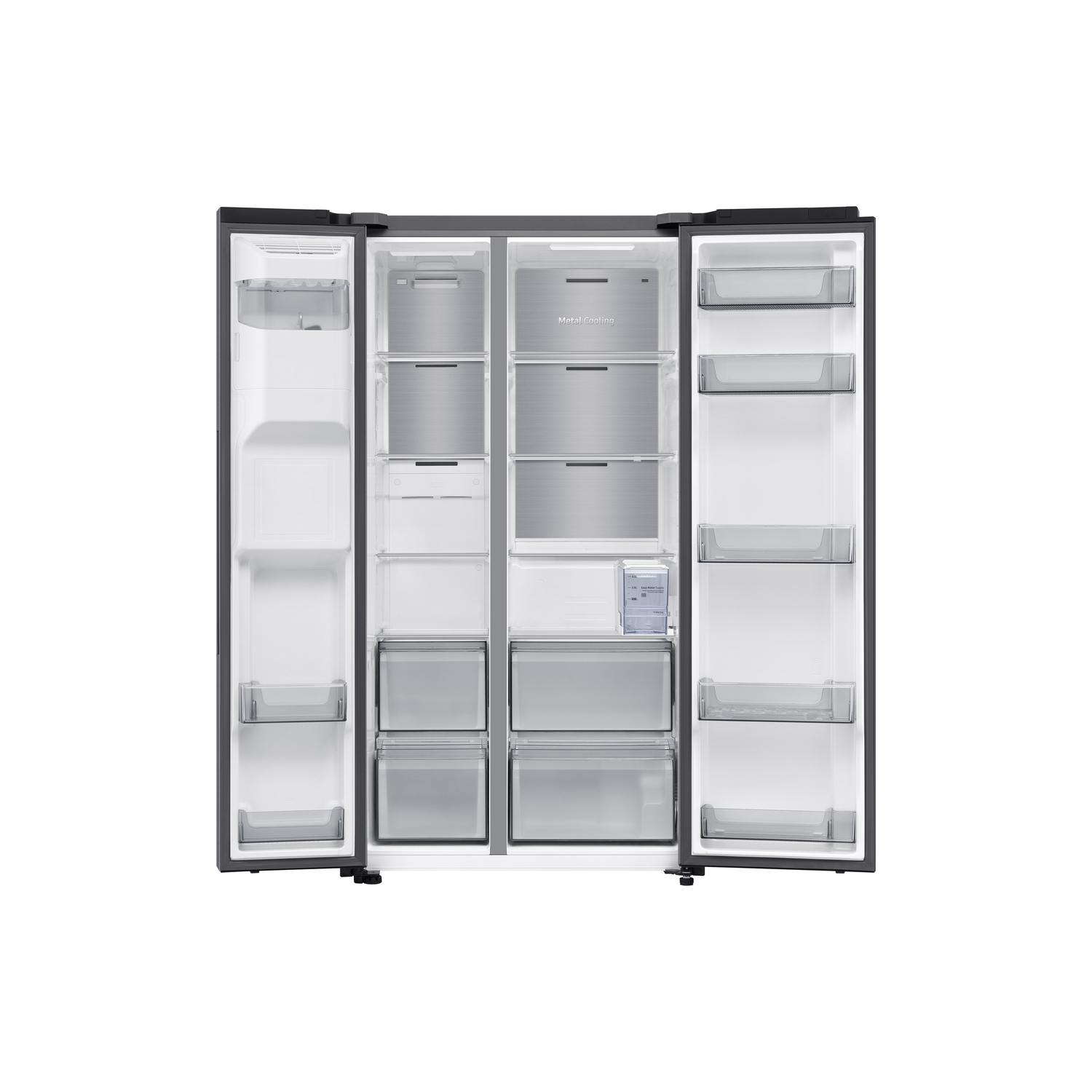 Open, empty, black fridge with silver interiors. Shelves, drawers visible. White background.