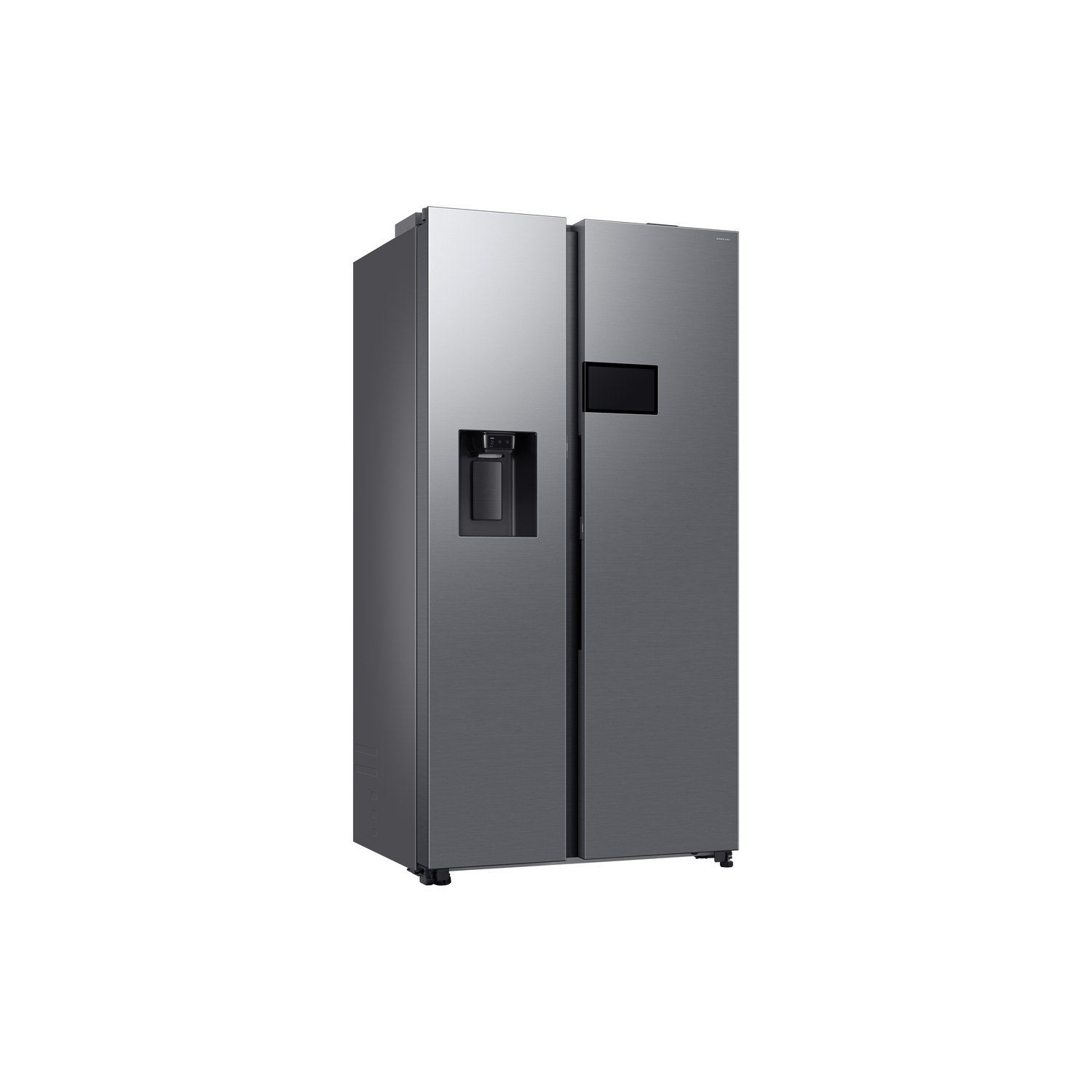 Gray side-by-side refrigerator with a dispenser and a screen. White background.