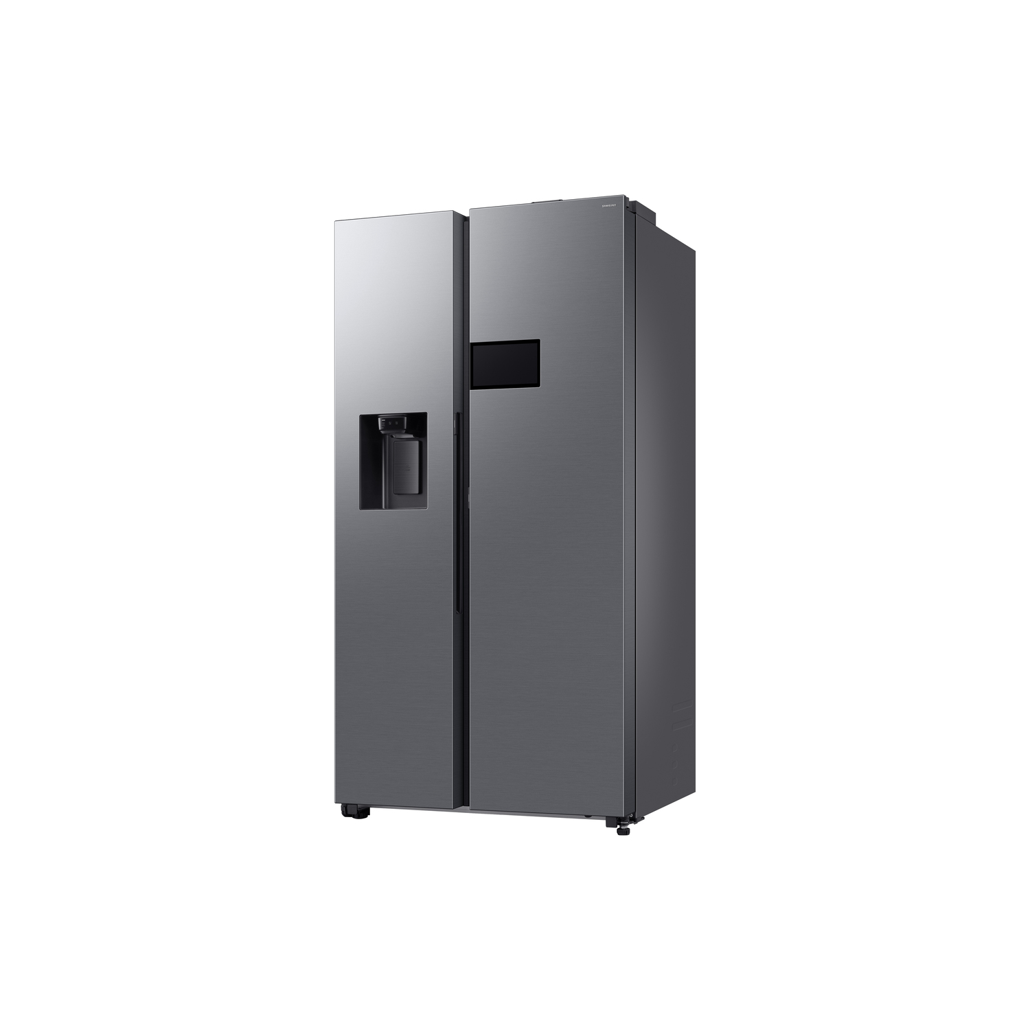 Gray side-by-side refrigerator with a dispenser and a screen. White background.