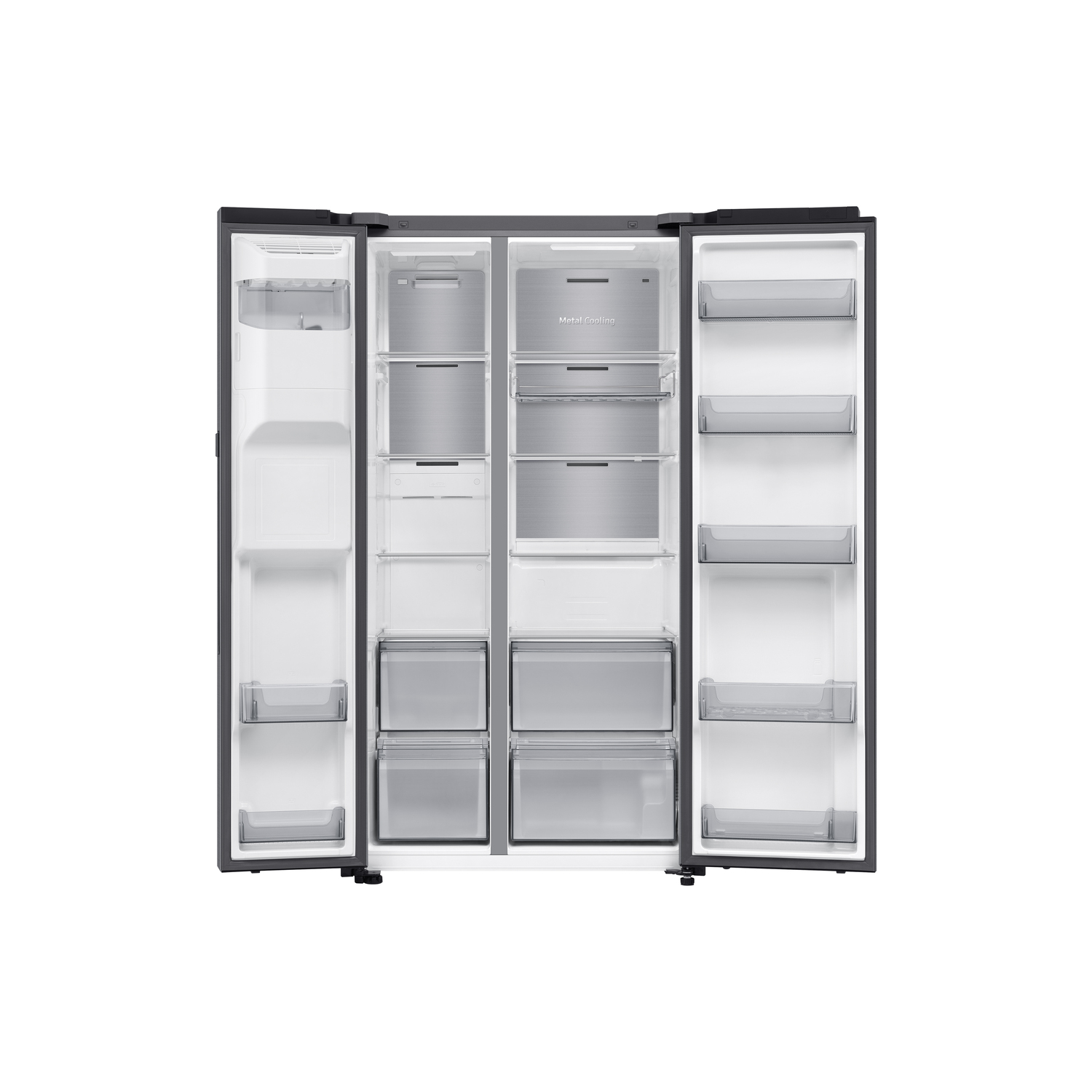 Open, empty, black fridge with silver interiors. Shelves, drawers visible. White background.
