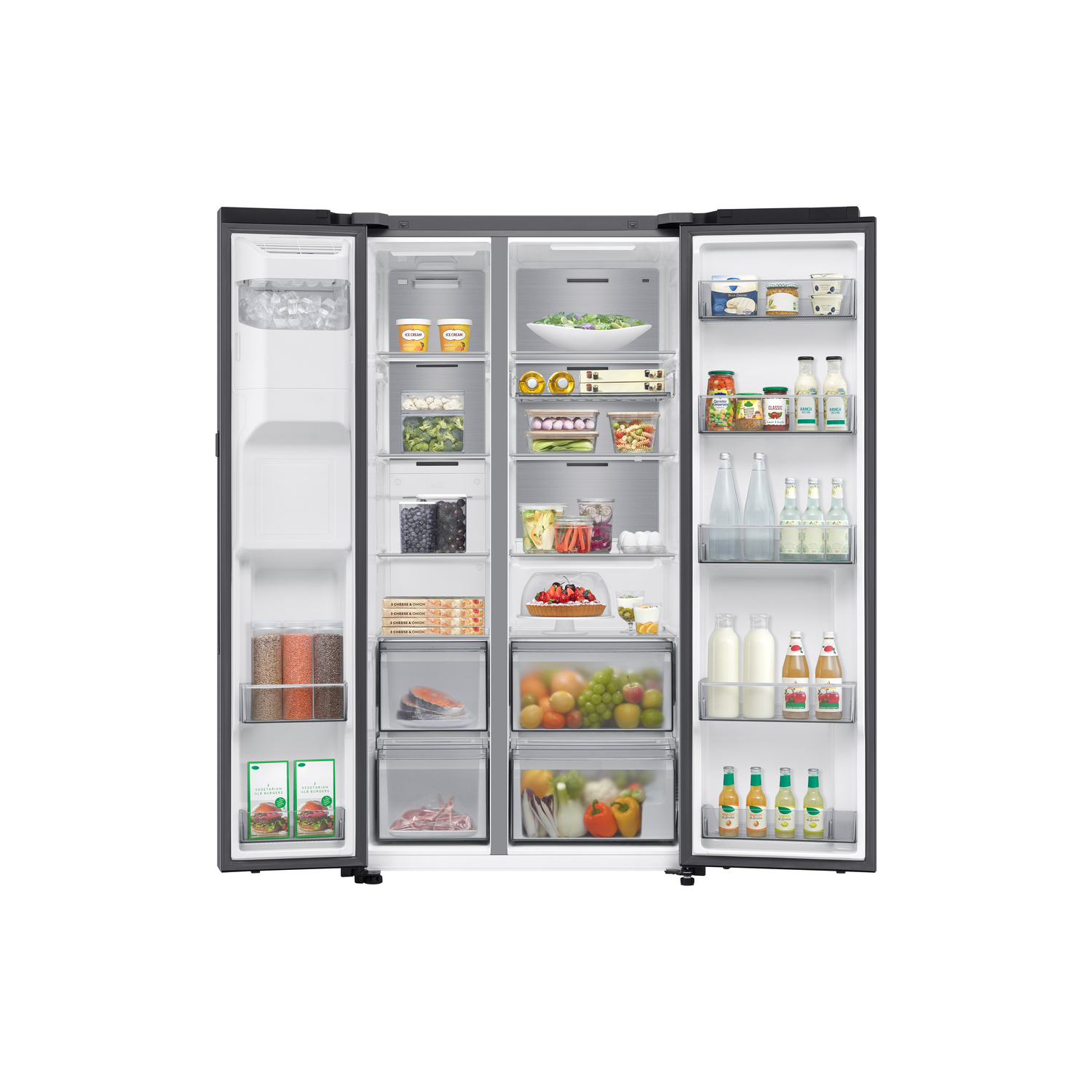 Open black fridge stocked with food and drinks. Includes vegetables, fruits, dairy, and bottles. White background.